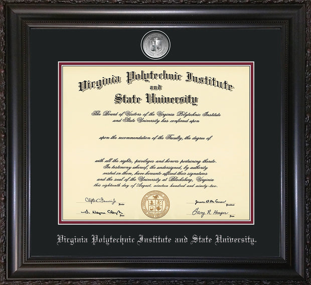 Image of Virginia Tech Diploma Frame - Vintage Black Scoop - w/Silver-Plated Medallion VT Name Embossing - Black on Maroon mats