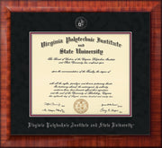 Image of Virginia Tech Diploma Frame - Mezzo Gloss - w/Silver Embossed VT Seal & Name - Black Suede on Maroon mat