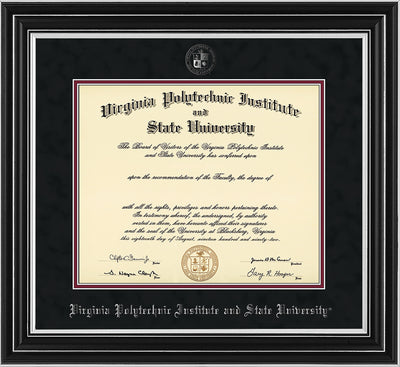 Image of Virginia Tech Diploma Frame - Satin Silver - w/Silver Embossed VT Seal & Name - Black Suede on Maroon mat