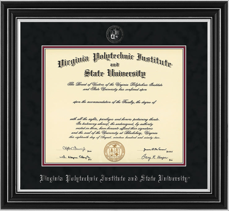 Image of Virginia Tech Diploma Frame - Satin Silver - w/Silver Embossed VT Seal & Name - Black Suede on Maroon mat