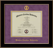 Image of Western Carolina University Diploma Frame - Black Lacquer - w/Embossed Seal & Name - Purple Suede on Gold mats