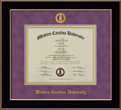 Image of Western Carolina University Diploma Frame - Black Lacquer - w/Embossed Seal & Name - Purple Suede on Gold mats