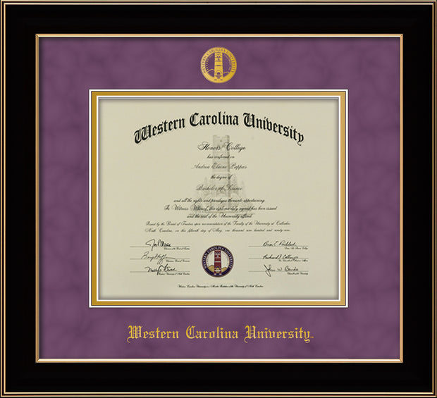 Image of Western Carolina University Diploma Frame - Black Lacquer - w/Embossed Seal & Name - Purple Suede on Gold mats
