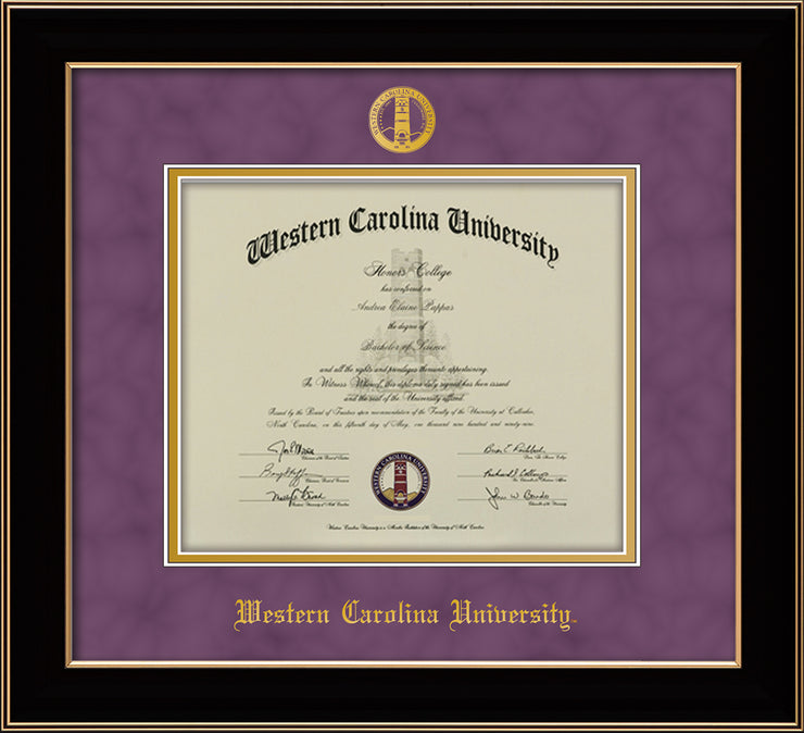Image of Western Carolina University Diploma Frame - Black Lacquer - w/Embossed Seal & Name - Purple Suede on Gold mats