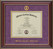 Image of Western Carolina University Diploma Frame - Cherry Lacquer - w/Embossed Seal & Name - Purple Suede on Gold mats