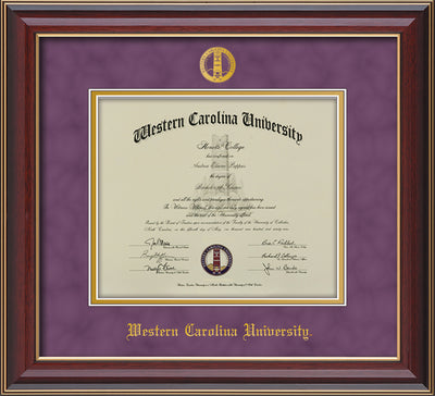 Image of Western Carolina University Diploma Frame - Cherry Lacquer - w/Embossed Seal & Name - Purple Suede on Gold mats