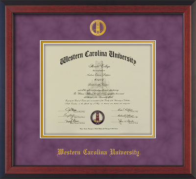Image of Western Carolina University Diploma Frame - Cherry Reverse - w/Embossed Seal & Name - Purple Suede on Gold mats