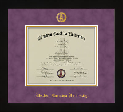 Image of Western Carolina University Diploma Frame - Flat Matte Black - w/Embossed Seal & Name - Purple Suede on Gold mats