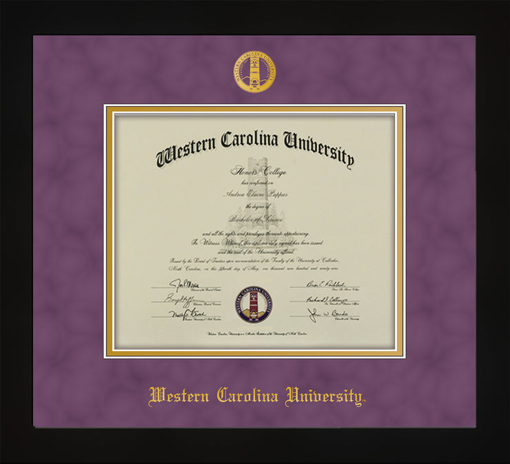 Image of Western Carolina University Diploma Frame - Flat Matte Black - w/Embossed Seal & Name - Purple Suede on Gold mats
