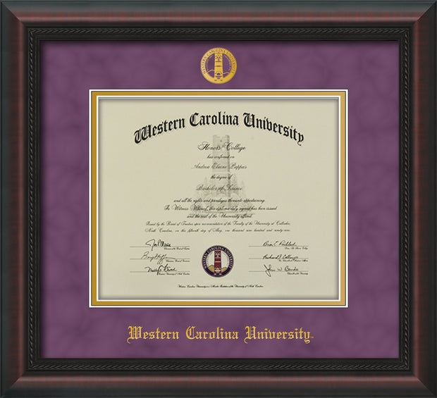 Image of Western Carolina University Diploma Frame - Mahogany Braid - w/Embossed Seal & Name - Purple Suede on Gold mats