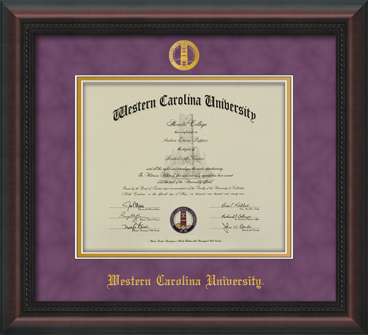 Image of Western Carolina University Diploma Frame - Mahogany Braid - w/Embossed Seal & Name - Purple Suede on Gold mats