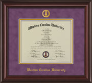 Image of Western Carolina University Diploma Frame - Mahogany Lacquer - w/Embossed Seal & Name - Purple Suede on Gold mats