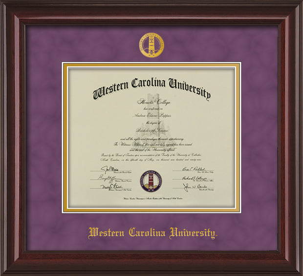 Image of Western Carolina University Diploma Frame - Mahogany Lacquer - w/Embossed Seal & Name - Purple Suede on Gold mats
