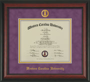 Image of Western Carolina University Diploma Frame - Rosewood - w/Embossed Seal & Name - Purple Suede on Gold mats