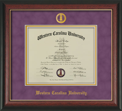 Image of Western Carolina University Diploma Frame - Rosewood w/Gold Lip - w/Embossed Seal & Name - Purple Suede on Gold mats