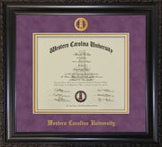 Image of Western Carolina University Diploma Frame - Vintage Black Scoop - w/Embossed Seal & Name - Purple Suede on Gold mats