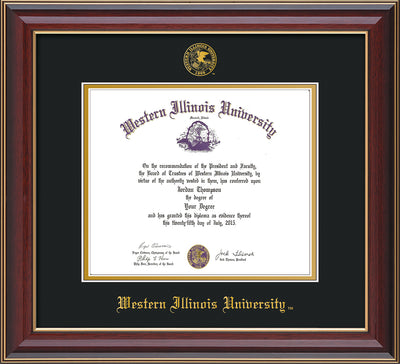 Image of Western Illinois University Diploma Frame - Cherry Lacquer - w/Embossed Seal & Name - Black on Gold mats