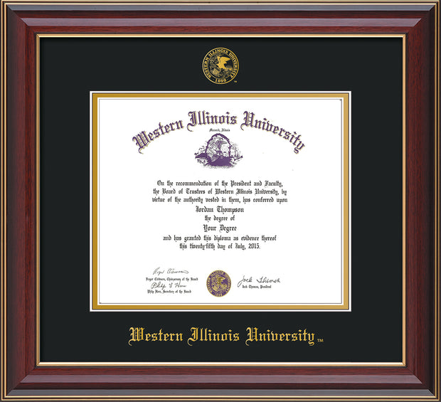 Image of Western Illinois University Diploma Frame - Cherry Lacquer - w/Embossed Seal & Name - Black on Gold mats