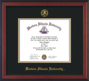 Image of Western Illinois University Diploma Frame - Cherry Reverse - w/Embossed Seal & Name - Black on Gold mats