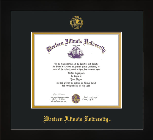 Image of Western Illinois University Diploma Frame - Flat Matte Black - w/Embossed Seal & Name - Black on Gold mats
