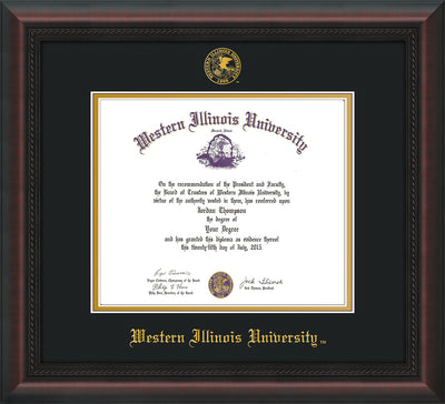 Image of Western Illinois University Diploma Frame - Mahogany Braid - w/Embossed Seal & Name - Black on Gold mats