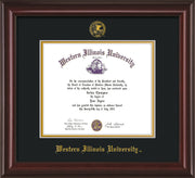Image of Western Illinois University Diploma Frame - Mahogany Lacquer - w/Embossed Seal & Name - Black on Gold mats