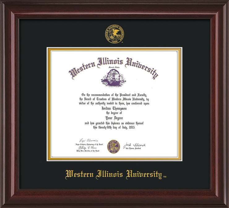 Image of Western Illinois University Diploma Frame - Mahogany Lacquer - w/Embossed Seal & Name - Black on Gold mats