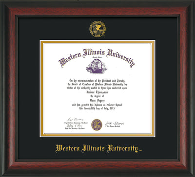 Image of Western Illinois University Diploma Frame - Rosewood - w/Embossed Seal & Name - Black on Gold mats