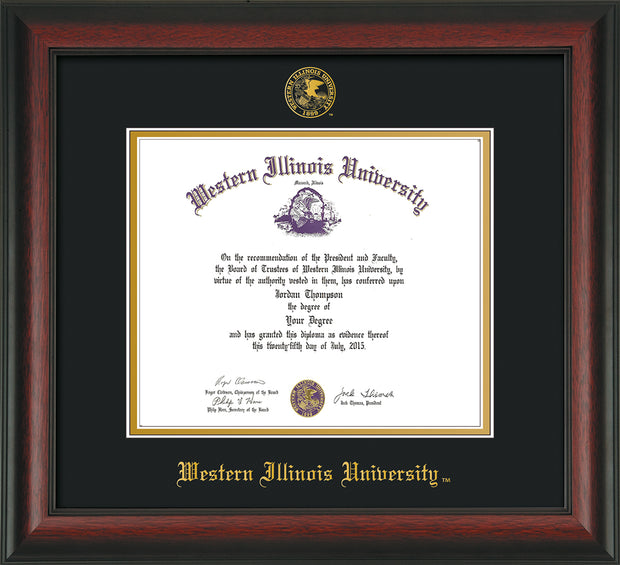 Image of Western Illinois University Diploma Frame - Rosewood - w/Embossed Seal & Name - Black on Gold mats