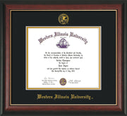 Image of Western Illinois University Diploma Frame - Rosewood w/Gold Lip - w/Embossed Seal & Name - Black on Gold mats