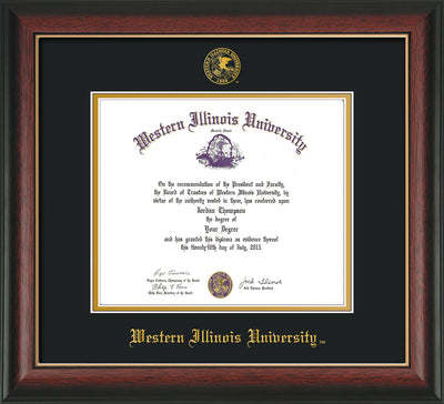 Image of Western Illinois University Diploma Frame - Rosewood w/Gold Lip - w/Embossed Seal & Name - Black on Gold mats