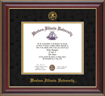 Image of Western Illinois University Diploma Frame - Cherry Lacquer - w/Embossed Seal & Name - Black Suede on Gold mats