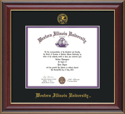 Image of Western Illinois University Diploma Frame - Cherry Lacquer - w/Embossed Seal & Name - Black on Purple mats