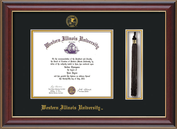 Image of Western Illinois University Diploma Frame - Cherry Lacquer - w/Embossed Seal & Name - Tassel Holder - Black on Gold mats