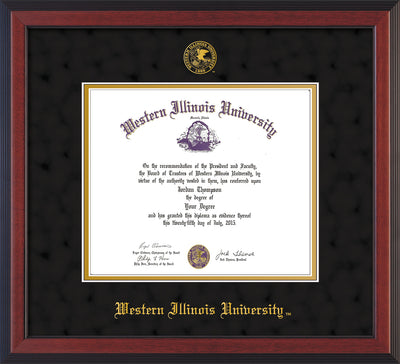 Image of Western Illinois University Diploma Frame - Cherry Reverse - w/Embossed Seal & Name - Black Suede on Gold mats