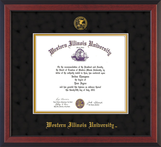Image of Western Illinois University Diploma Frame - Cherry Reverse - w/Embossed Seal & Name - Black Suede on Gold mats