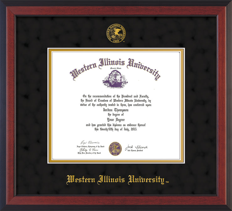 Image of Western Illinois University Diploma Frame - Cherry Reverse - w/Embossed Seal & Name - Black Suede on Gold mats