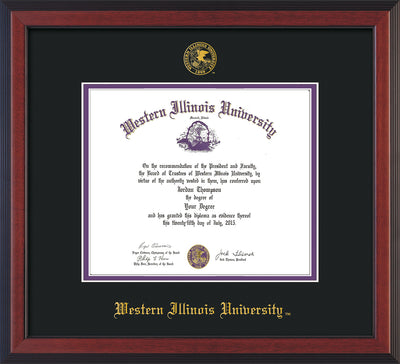 Image of Western Illinois University Diploma Frame - Cherry Reverse - w/Embossed Seal & Name - Black on Purple mats