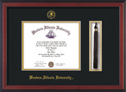 Image of Western Illinois University Diploma Frame - Cherry Reverse - w/Embossed Seal & Name - Tassel Holder - Black on Gold mats