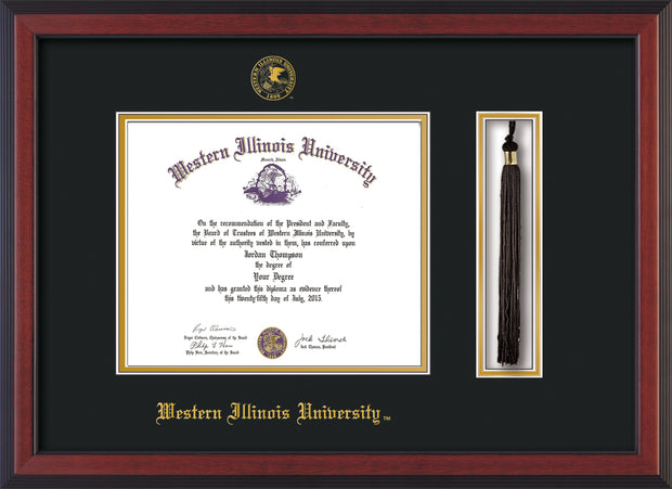 Image of Western Illinois University Diploma Frame - Cherry Reverse - w/Embossed Seal & Name - Tassel Holder - Black on Gold mats