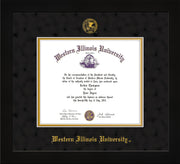 Image of Western Illinois University Diploma Frame - Flat Matte Black - w/Embossed Seal & Name - Black Suede on Gold mats