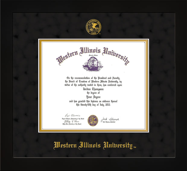 Image of Western Illinois University Diploma Frame - Flat Matte Black - w/Embossed Seal & Name - Black Suede on Gold mats