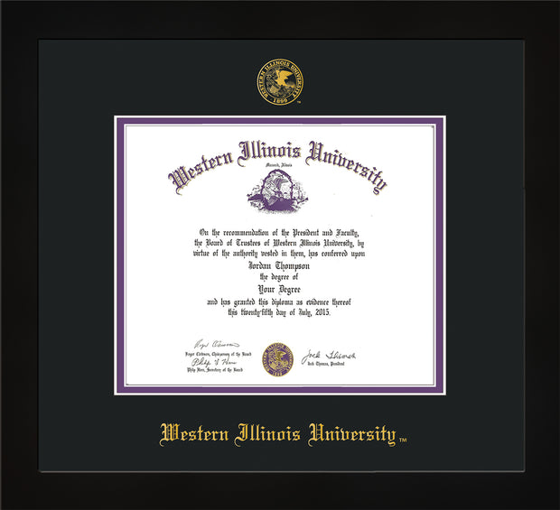 Image of Western Illinois University Diploma Frame - Flat Matte Black - w/Embossed Seal & Name - Black on Purple mats