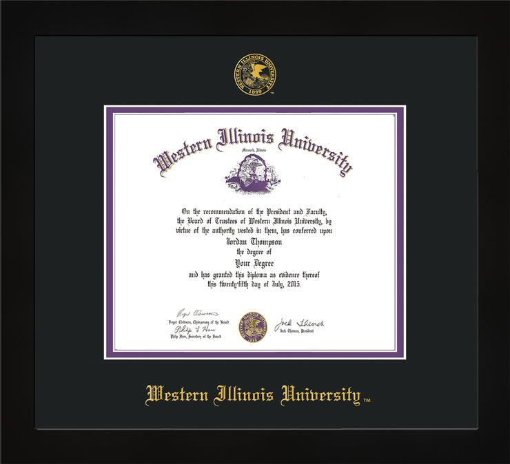 Image of Western Illinois University Diploma Frame - Flat Matte Black - w/Embossed Seal & Name - Black on Purple mats