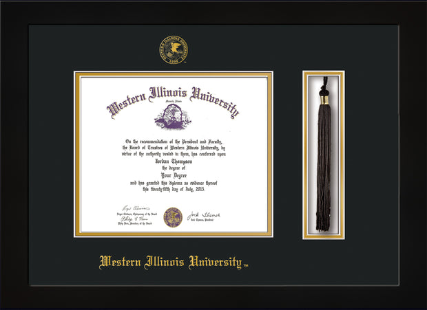 Image of Western Illinois University Diploma Frame - Flat Matte Black - w/Embossed Seal & Name - Tassel Holder - Black on Gold mats