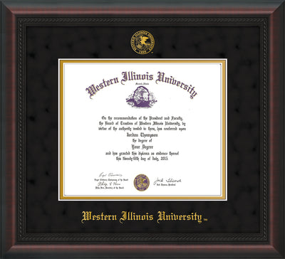 Image of Western Illinois University Diploma Frame - Mahogany Braid - w/Embossed Seal & Name - Black Suede on Gold mats