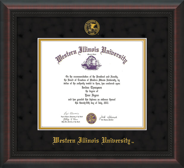 Image of Western Illinois University Diploma Frame - Mahogany Braid - w/Embossed Seal & Name - Black Suede on Gold mats