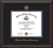 Image of Western Illinois University Diploma Frame - Mahogany Braid - w/Embossed Seal & Name - Black on Purple mats