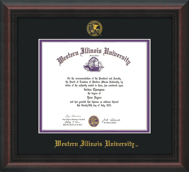 Image of Western Illinois University Diploma Frame - Mahogany Braid - w/Embossed Seal & Name - Black on Purple mats