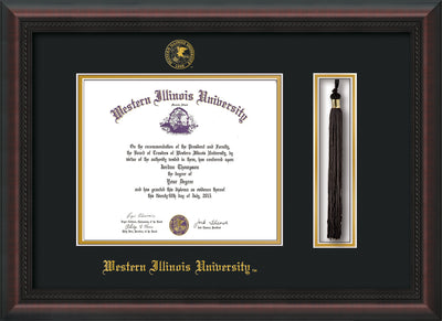 Image of Western Illinois University Diploma Frame - Mahogany Braid - w/Embossed Seal & Name - Tassel Holder - Black on Gold mats